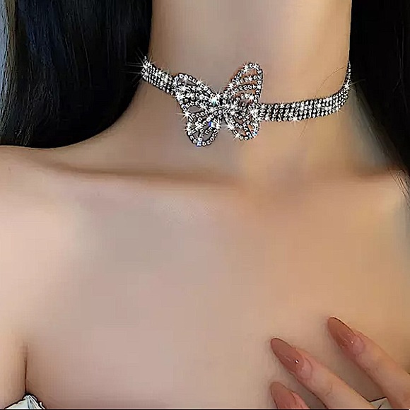 Silver Butterfly Crystal Rhinestone Choker - Picture 6 of 7